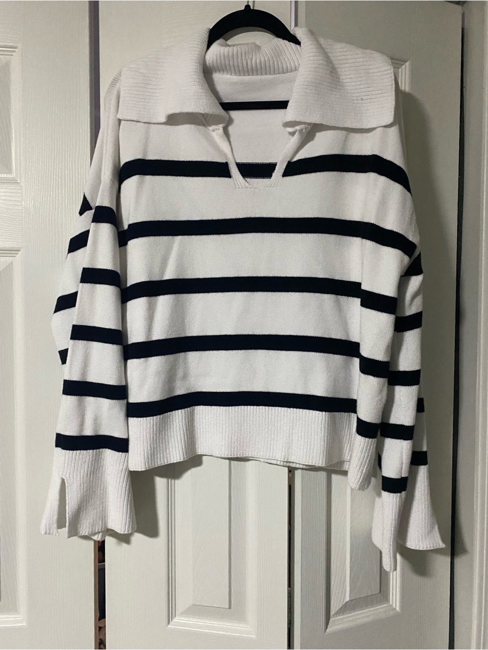 Striped White and Black V-Neck Collared Sweater